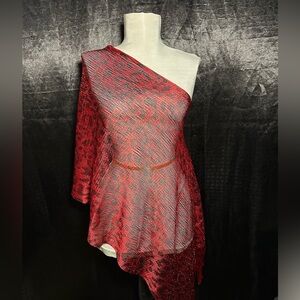 Red Metallic Leopard Poncho | Sheer One Shoulder Wrap | Fall Statement Knit